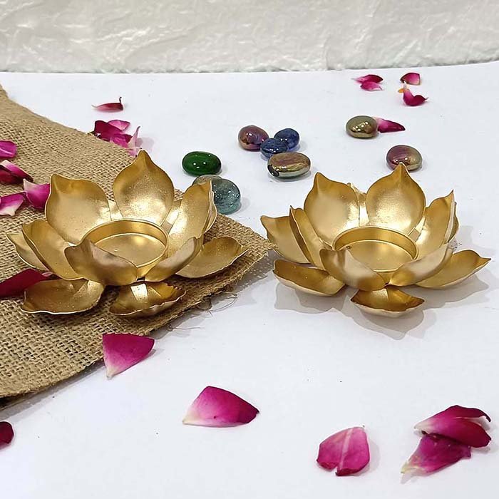 2 Handmade Golden Candle Holders for Festive Décor with Lotus Design Tea Light Holder-Giftii